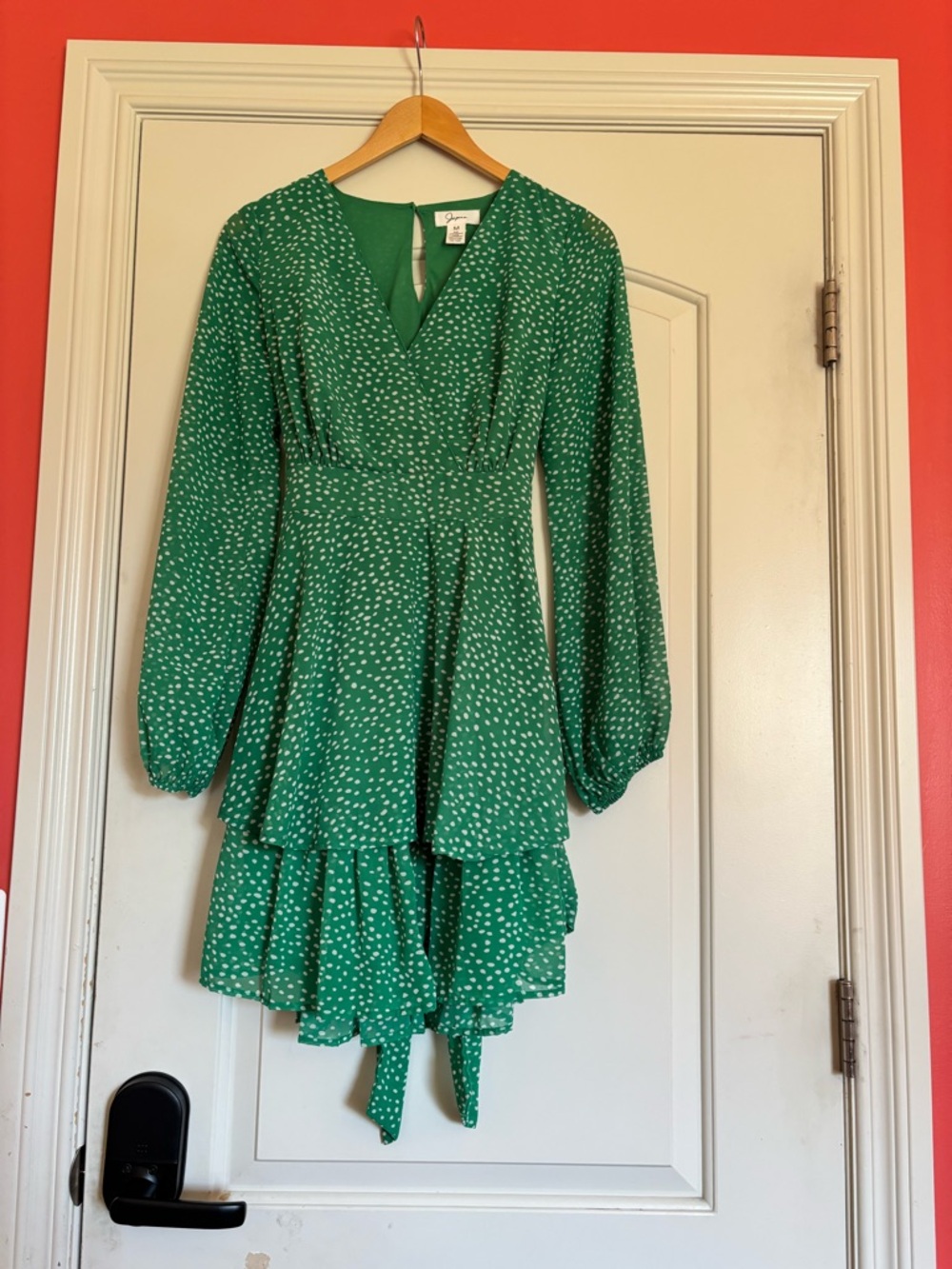 JAPNA Women’s Medium Green Polka Dot Tiered Wrap Dress
